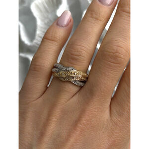 3 Colors 925 Sterling Silver Yellow & Rose Gold Plated White Topaz Ring Size 7